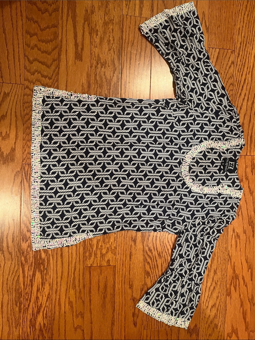 Escapade Navy and White Geometric print Tunic with beaded and sequinced trim